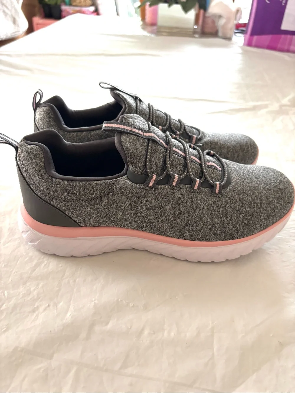 NWOT Athletic Works Gray Bungee Slip on Sneakers with Pink Accents SZ 7.5